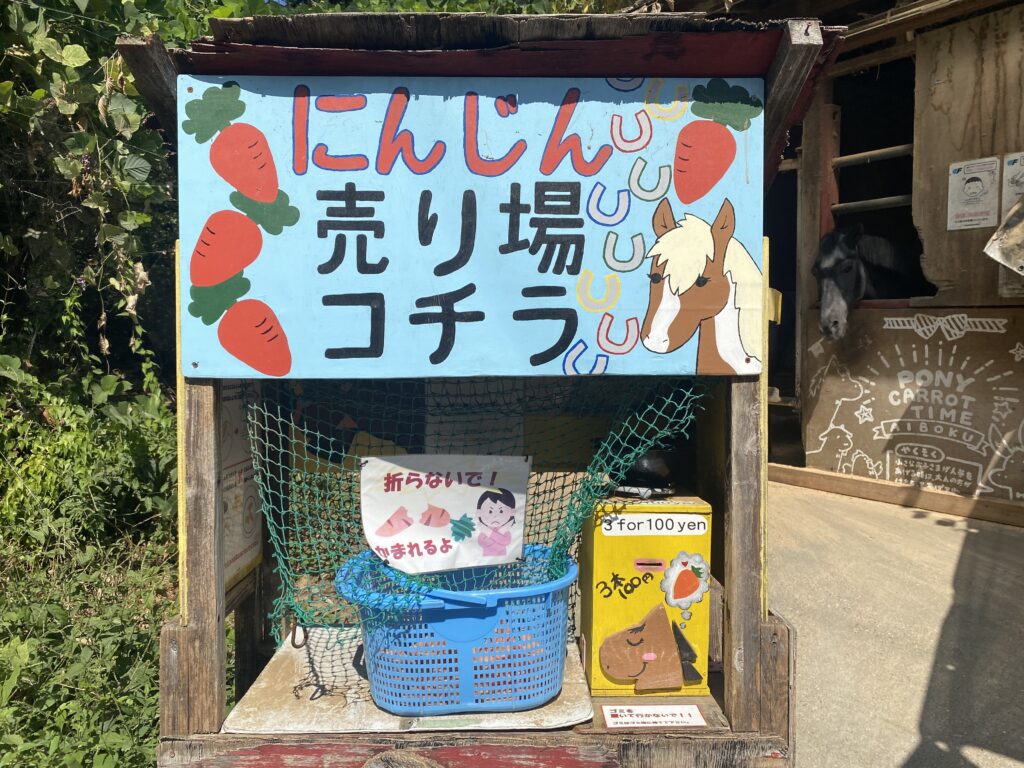 愛知牧場の馬屋の無人人参販売所